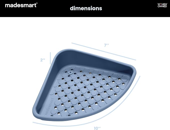 madesmart Bathtub Corner Shelf, Blue | suction cup base, drainage holes, raised edges, shampoo soap razors, bath accessories, woman owned