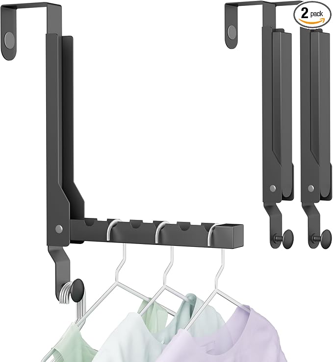 2 Pack Over The Door Hanger Folding Clothes Drying Rack, Folding Hanging Coat Rack for Indoor Laundry Room Compact Small Space Foldable Portable Clothing Hanger Hook Collapsible (Black-2(Upgraded))