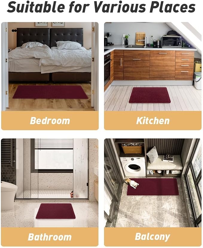 AMOAMI Upgraded Waffle Bath Mat, Super Absorbent Non Slip Bath Mats for Bathroom Floor, Washable Bathroom Rugs with Tassels, Rubber Backed Bathroom Mats, Ultra Soft, 20" x 32", Burgundy