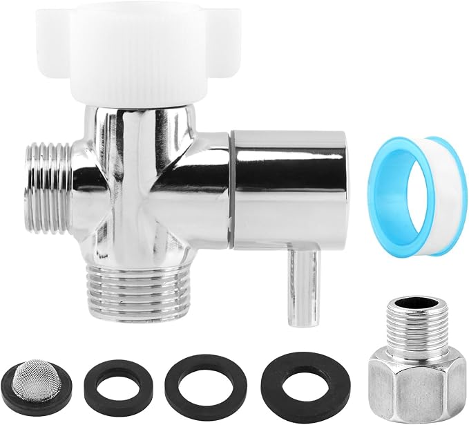Bidet T Adapter with Shut off Valve, Metal 3 Way T Valve 7/8" x 7/8" x 1/2" or 3/8" Adapter Included, Chrome Finish Tee Connector Bidet Attachment, Leak-Free, Includes Tape