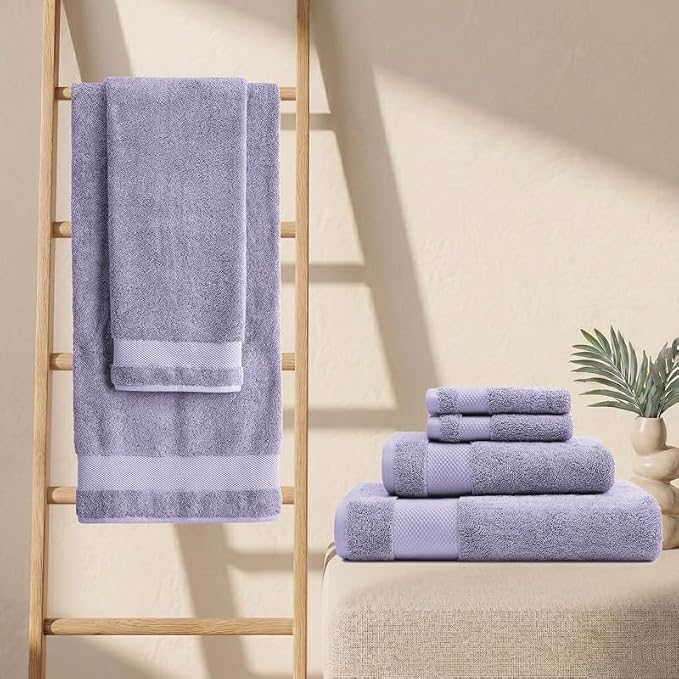 100% Organic Cotton Bath Towel Set | 700 GSM Plush 6-Piece Premium Towel Set GOTS Certified, 2 Bath Towels, 2 Hand Towels & 2 Washcloths - Lavender