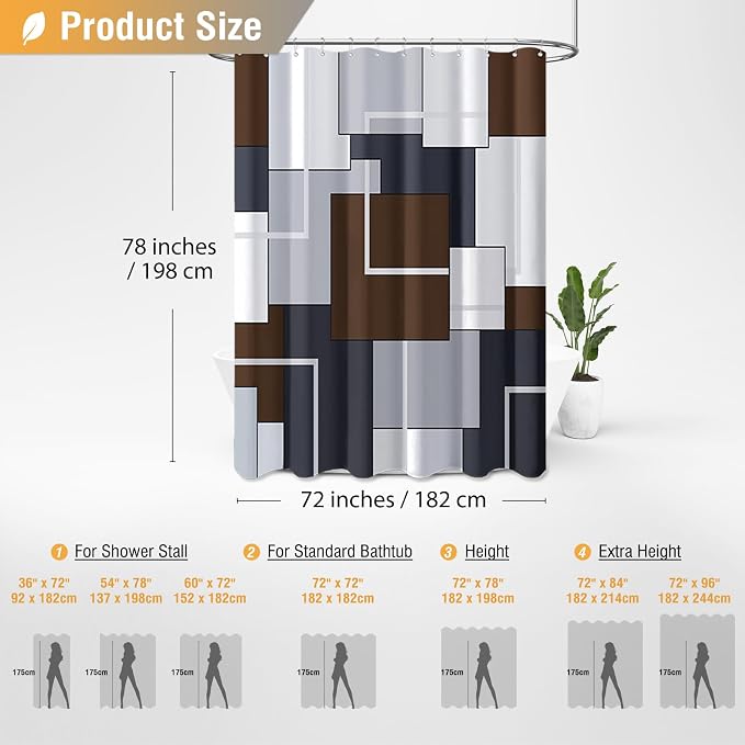 72 x 78 Long Modern Geometric Waterproof Fabric Shower Curtain, Brown | Tall Size, Premium Polyester, Weighted Hem, 12 Plastic Hook, Vibrant Color, Wrinkle-resistant, Quick-Dry, Machine Washable