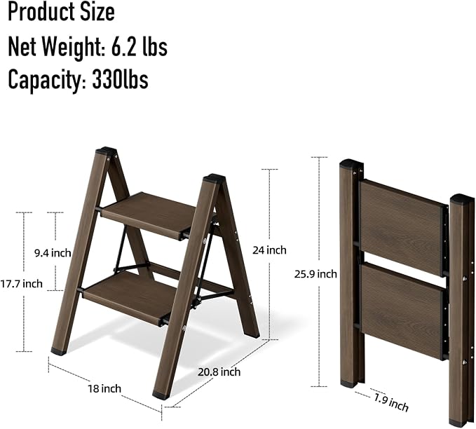 Mayi Plus 2 Step Stool Foldable, Aluminum, Lightweight Step Ladder | Extra-wide anti-slip folding steps with 330 lbs, for home,kitchen,office,outdoor,Walnut