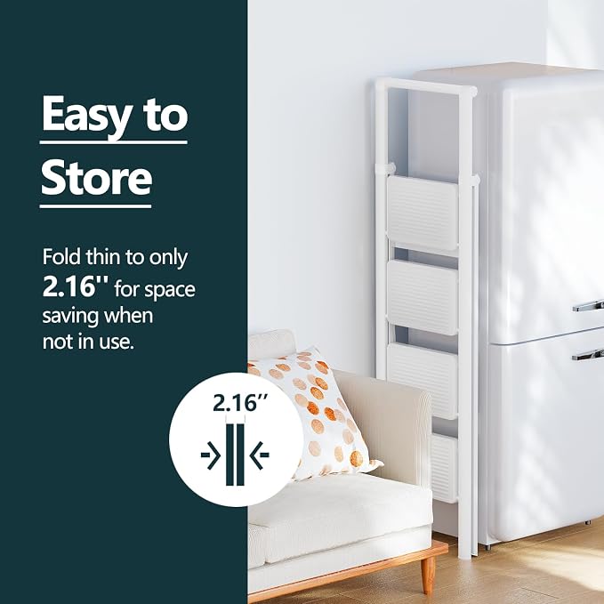 4 Step Foldable Step Stool with Handrail, 330lbs Load, White | Folded 58'' H x 3'' T; Net 14.8 lbs; Anti-Slip Feet Grip Wood, Tile, Carpet; Wide Pedals; For Shelves, Repairs.