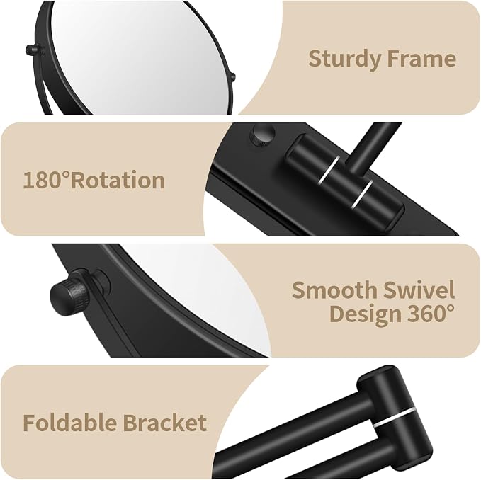 BTremary 8” Wall Mounted Magnifying Makeup Mirror 1X/7X Wall Mount Mirror Swing Arm Two-Sided 360° Swivel Bathroom Shaving Mirror for Men and Women in Hotel/Home, Black