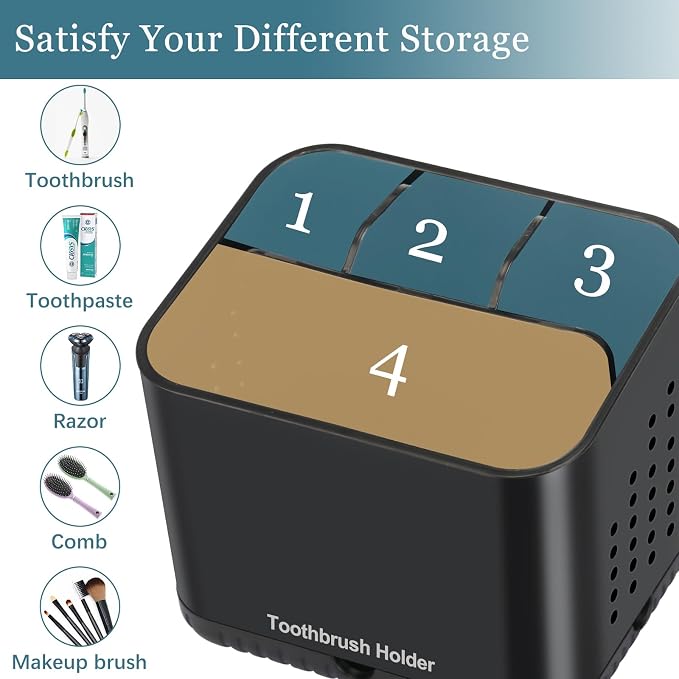 Toothbrush Holders for Bathrooms, Toothbrush and Toothpaste Holder (Black) | Easy To Clean, Drainage, Removable, Non-Slip, 4 Slots Tooth Brush Holder for Bathroom Countertop Organizer