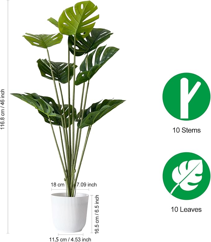 SAJANDAS Set of 2 Artificial Monstera Deliciosa Plants in Pots, Fake Tropical Trees with Greenery Leaves Stems, 46 Inch Faux Swiss Cheese Floor Plants for Porch, Office, Garden, Store, Home Decor