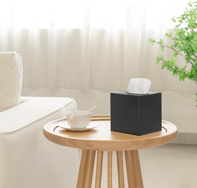 Mkono Tissue Box Cover Square, Rustic Wood Open-Bottom Holder, Black | Decorative Tissue Holder, Modern Farmhouse Decor, Desk Organizer, Bedroom Guest Room Bathroom living Room Office Dorm