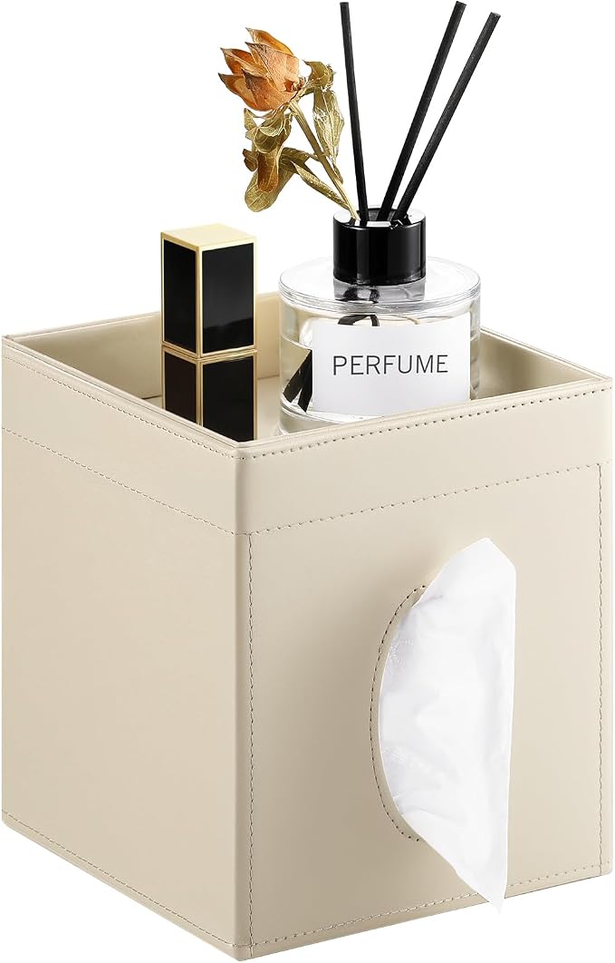 Luxspire Square Tissue Box Cover, Leather Holder with Storage Tray, Khaki | PU Leather Material, Includes Storage Tray, For Living Room, Bedroom, Stylish Addition, Durable and Waterproof, Easy to Clean