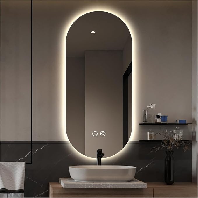 24" x 36" Oval Backlit LED Lighted Bathroom Mirror with Lights | Pill-Shaped Vanity Mirror for Wall, Anit-Fog, Stepless Dimmable, Memory Function, Frameless, Shatter-Proof, CRI≥93