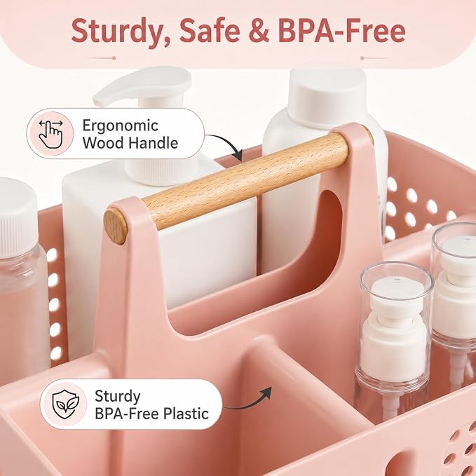 Portable Shower Caddy Basket with 3 Compartments and Handle, Pink | Plastic Divided Toiletry Caddy for Dorm Bathrooms, Skincare, Makeup, Vanities, Gyms, Locker Rooms and Shared Spaces