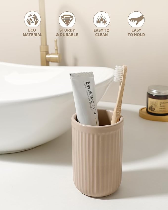 BosilunLife Ceramic Toothbrush Holder - 12oz Bathroom Toothbrush Holder Tooth Brush Holders Tumbler Cups Reusable Toothbrush Mouthwash Cup Small Toothbrush and Toothpaste Holder, Striped Khaki
