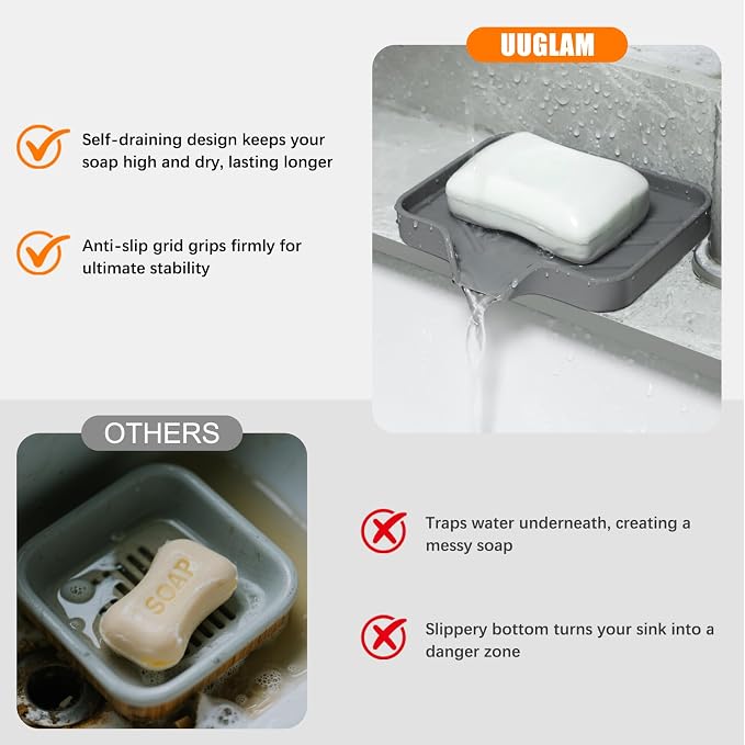 2 Pack Silicone Soap Dish for Shower with Self Draining Gray & Teal | Soap Holder for Bathroom, Silicone Sponge Holder for Kitchen Sink, Soap Tray for Dispenser, Scrubber, Bottle, 4.7"×3.9"