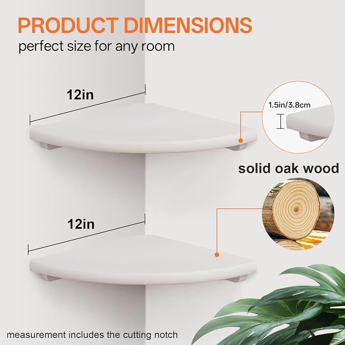 Gieanoo Floating Corner Shelves Set 2 16inch White Solid Oak Rounded Corner Shelves Wall Mounted with Cable Hole Wood Corner Hanging Shelves for Living Room Bedroom Bathroom Kitchen