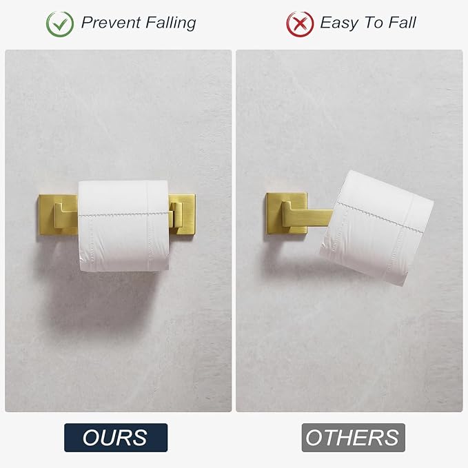 Toilet Paper Holder Wall Mount Brushed Gold Stainless Steel | Toilet Tissue Roll Holder Bathroom Square Toilet Paper Towel Roll Holder Double Post Pivoting Tissue Handle