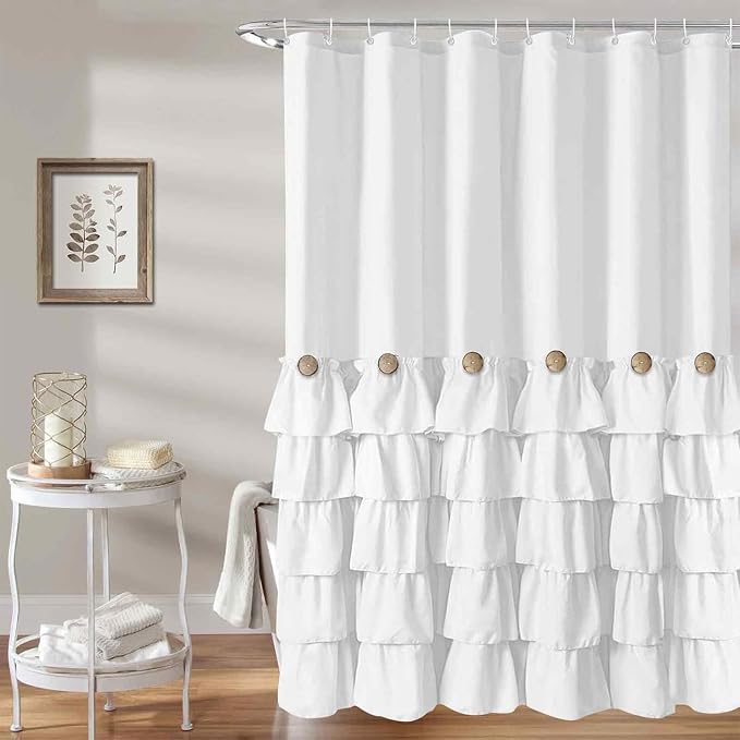 Seasonwood White Ruffle Shower Curtain Farmhouse Shower Curtain 72 X 72 | Natural button accents, layered fabric tiers, shabby chic and French country styling for decorative bathroom updates