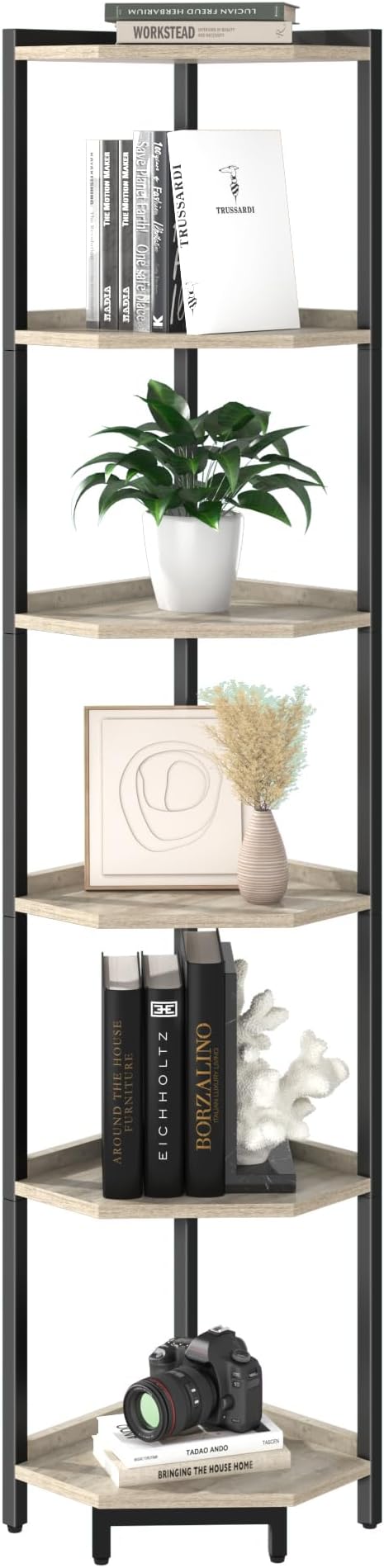 Hzuaneri Corner Shelf Stand 6-Tier Corner Bookshelf Storage Standing Shelf | Bookcase Plant Stand with Metal Frame for Living Room, Home Office, Bedroom, Greige CS06005B