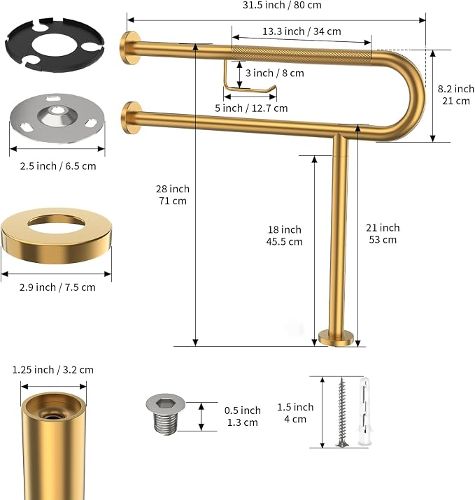 ZUEXT 31.5x28 Inch Gold Knurled Toilet Grab Bar with Toilet Paper Holder | Wall to Floor, Anti-slip Handicap Grab Bar, Stainless Steel Bathroom Support Rail with Leg, For Elderly Disabled Pregnant
