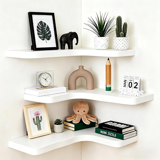 Floating Corner Shelves, Wall Shelf Set of 3, Shelves for Wall Storage, Solid Wood Shelves for Storage, Wall Mount Wooden Display Shelf for Bathroom Bedroom Kitchen Garage (White 3 Pcs)