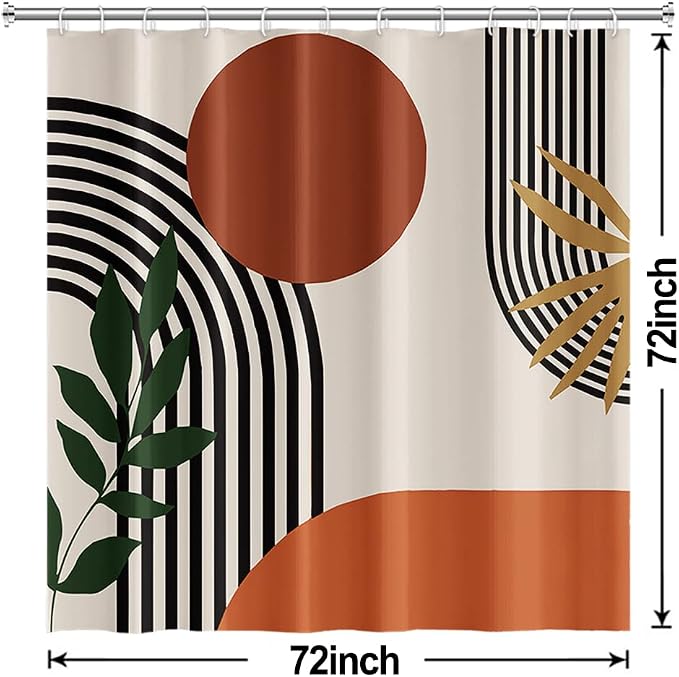 Mid Century Boho Shower Curtain, Abstract Minimalist Sunrise Fabric Shower Curtain Set Orange Waterproof Polyester Morden Abstract Leaves and Arch Bathroom Curtain Set with Hooks, 72x72 Inch | Waterproof Abstract Sun Leaves and Arch Shower Curtain Set,...