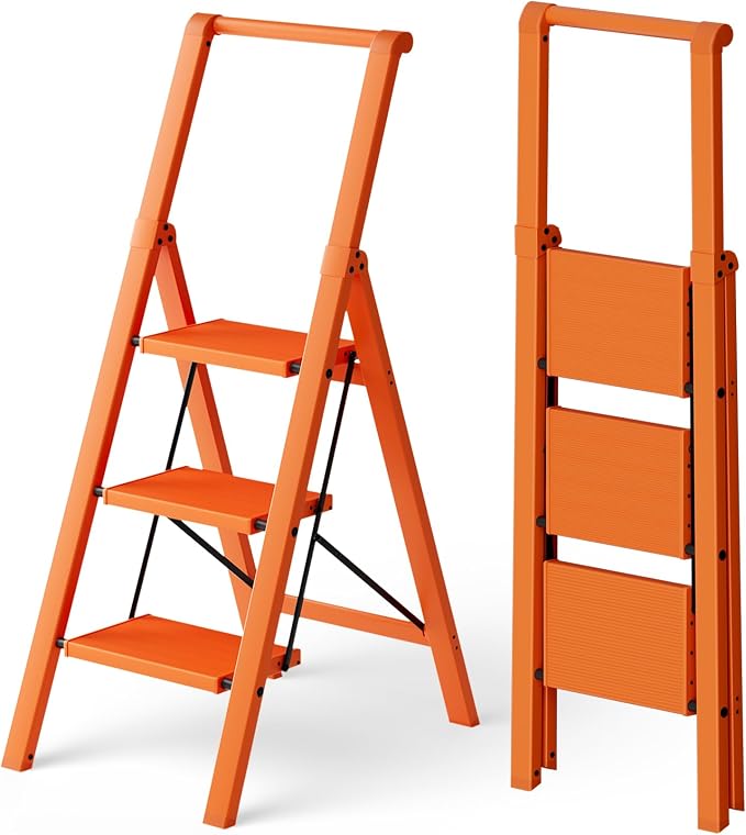 HillhutApex Aluminum 3 Step Ladder, Step Stool Foldable Ladder(Orange) | Stepladder with Handgrip,Anti-Slip Pedals,330lbs Capacity,Lightweight Portable Folding Ladder for Home,Office,Libaray