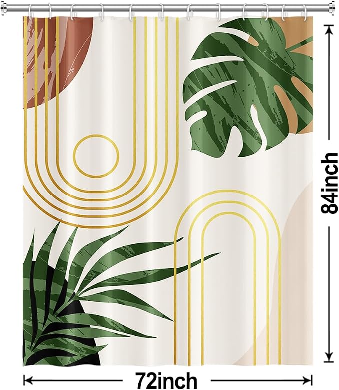 Boho Sage Green Shower Curtain for Bathroom 72x84 Inch | Waterproof Abstract Tropical Leaves Shower Curtain Set with Hooks, Mid Century Beige Bathroom Decor