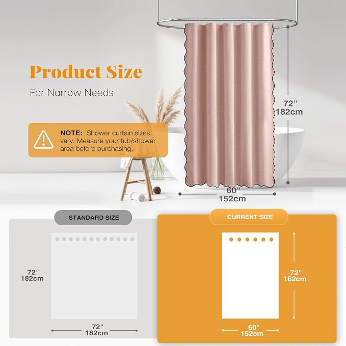 60x72 Boho Scalloped Linen Textured Cloth Shower Curtain, Blush Pink | Narrow Size, 230GSM Waterproof Polyester, Heavy Duty Fabric, 10 Plastic Hooks, Chic Modern Farmhouse Style, Machine Washable