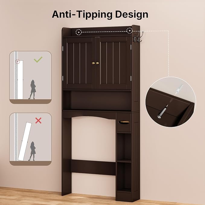 Over The Toilet Storage Cabinet, 32.3" W, Grey | Over Toilet Bathroom Organizer with Doors, Adjustable Shelves, Toilet Paper Holder, 2 Side Hooks, for Bathroom, Laundry