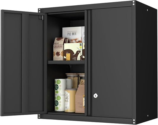 Wall Cabinet Storage, Locking Wall Cabinet with 2 Doors,Garage Storage Cabinet for Home Office,Gym,Garage,Black