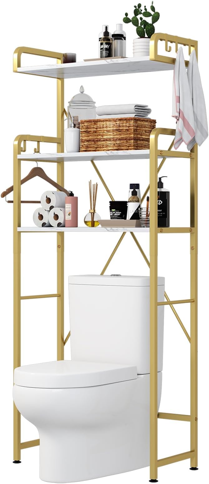 Over The Toilet Storage Rack with 3-Tier Shelves, Space Saver Toilet Shelf, Laundry Organizer with Hooks for Over Toilet Storage and Space Saver (White & Gold)