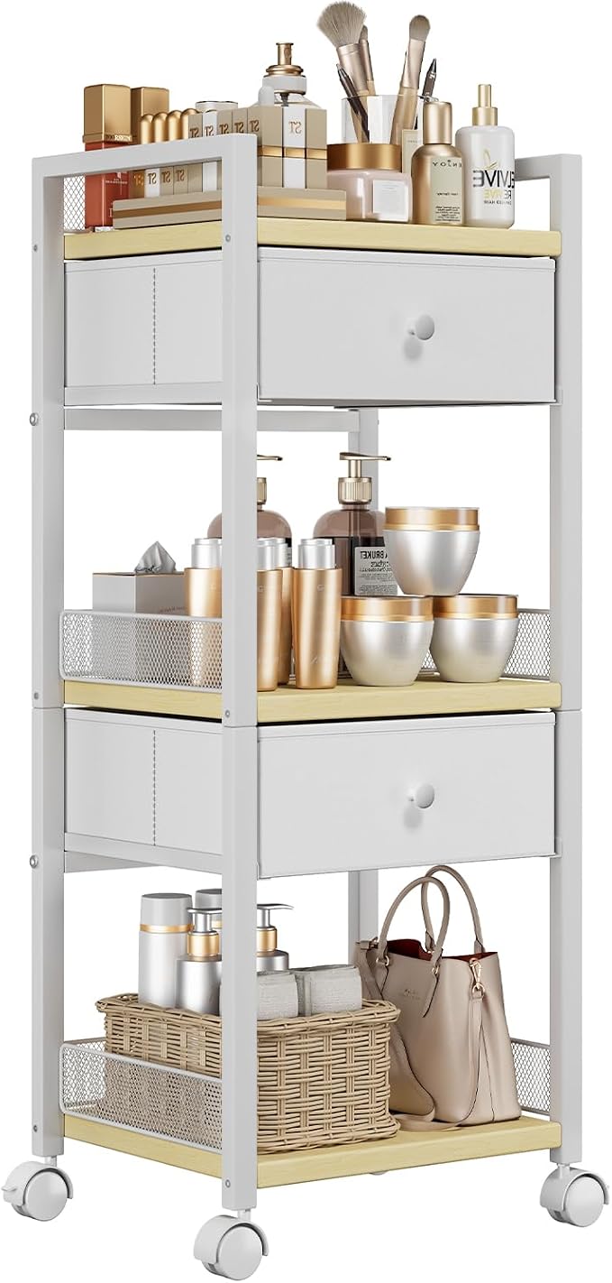 Flycity Rolling Makeup Organizer Cart, Floor Skincare Organizers Storage with Drawers, Vanity Makeup Cart with Wheels, Cosmetic Display Cases Holder for Skin Care Perfume Nail Polish Brush Hair Tool