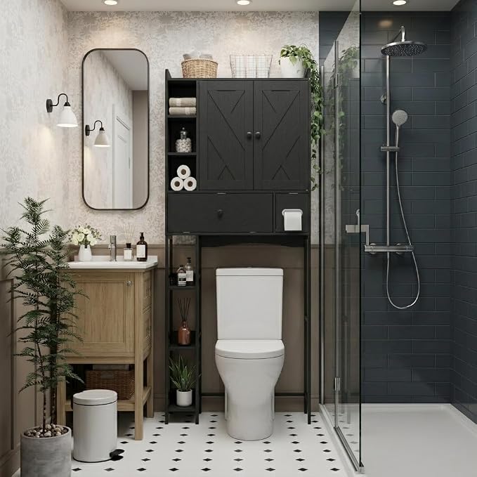 Garvee Over-The-Toilet Storage Rack, Modern Bathroom Organizer | MDF Shelves & Steel Frame, Space-Saving Toilet Shelf for Small Bathrooms, Bathroom Cabinet for Towels & Toiletries, Black