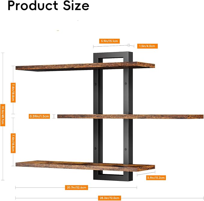 Floating Shelves for Wall, Wood Wall Shelves for Bathroom | 3 Tier Shelves for Wall Decor, Decorative Hanging Storage Shelf for Bedroom Kitchen Living Room, Rustic Brown and Black