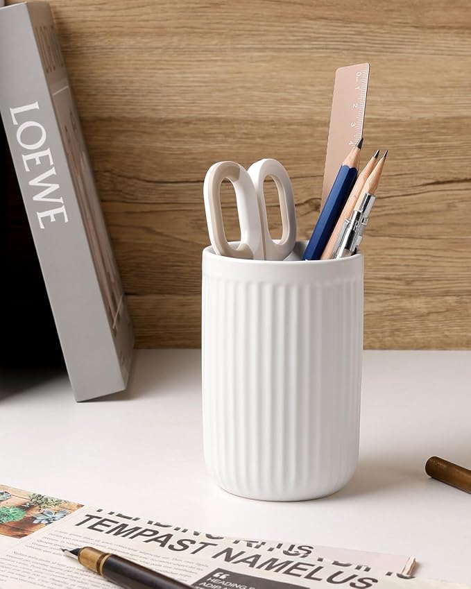 BosilunLife Ceramic Toothbrush Holder - 12oz Bathroom Toothbrush Holder Tooth Brush Holders Tumbler Cups Reusable Toothbrush Mouthwash Cup Small Toothbrush and Toothpaste Holder, Striped White