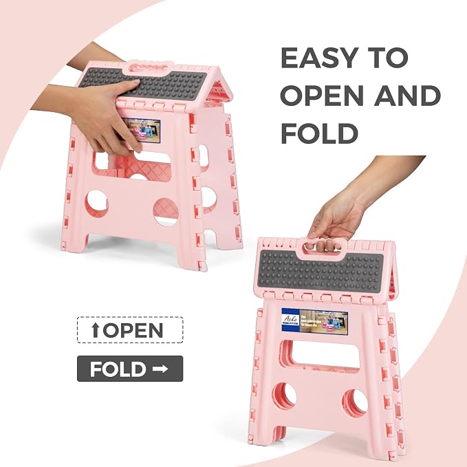 ACKO 13" Folding Step Stool, Non-Slip Surface for Adults & Kids, Dot Pink | Collapsible Heavy Duty Foldable Stools, Portable Foot Stepping Stool Holds 300 lbs, Kitchen Bathroom Outdoor, Built-in Handle