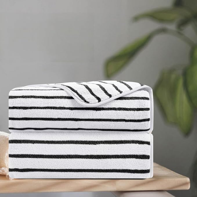2 Piece Black White Cabana Stripe Hand Towels for Bathroom 16"x31" Ultra Soft Breathable Hand Face Towels Highly Absorbent 600GSM Towels Quick Dry Beach Chair Towel for Spa Gym Hotel Travel Camp
