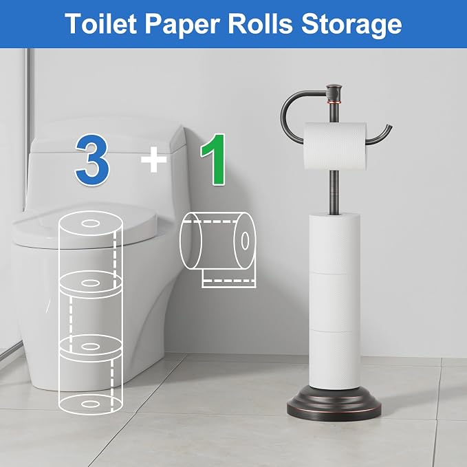 RUMOSE Toilet Paper Holder Stand for Floor Free Standing, Bronze | Bathroom Freestanding Toilet Tissue Roll Holder with Storage, Adjustable 17-25 Inch, Rustproof, SUS304 Stainless Steel