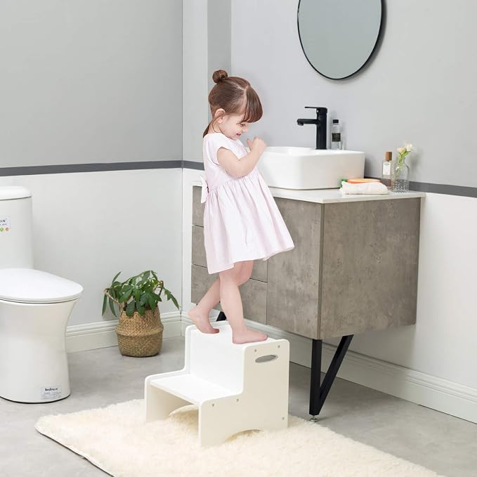 Toddler Step Stool, Wooden 2 Step Stools for Bathroom Sink Potty Training Kitchen Dual Height Stool Helper for Kids Bonus Non-Slip Pads and Handles for Safety (White)