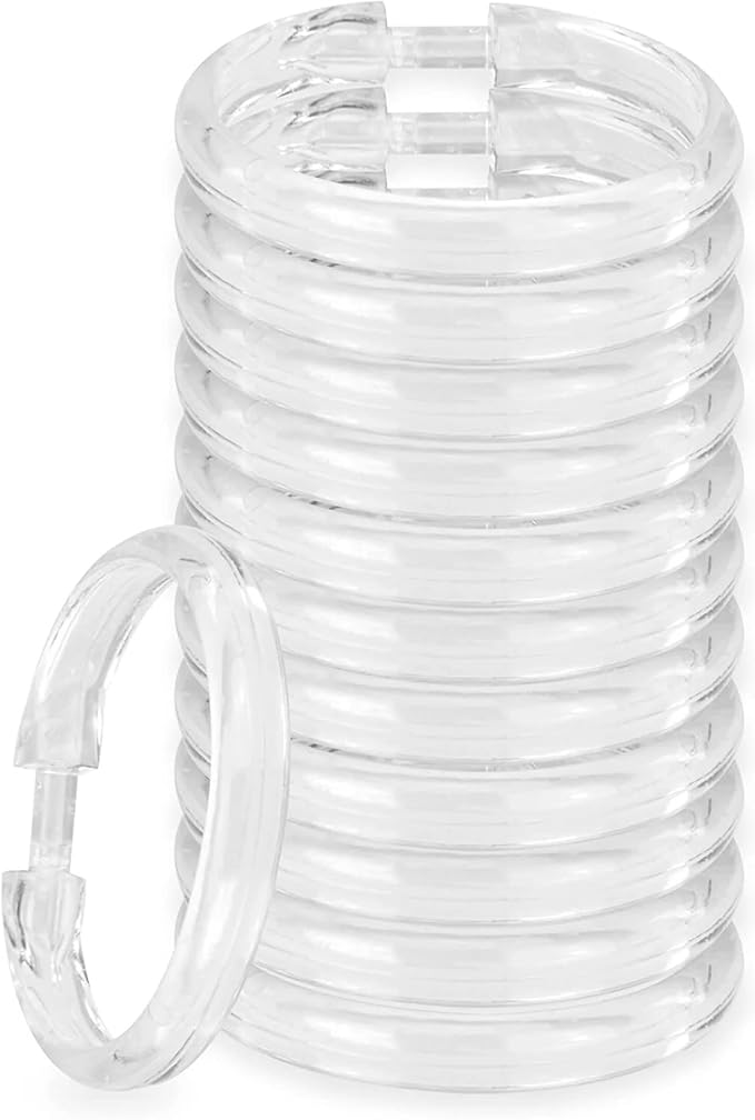 Rocky Mountain Goods Simple Spaces Clear Plastic Curtain Rings - 12 Pack - Click securely in Place - Unbreakable Plastic - True O Ring Design - Slides Easily Without Screeching Like Metal (Clear)