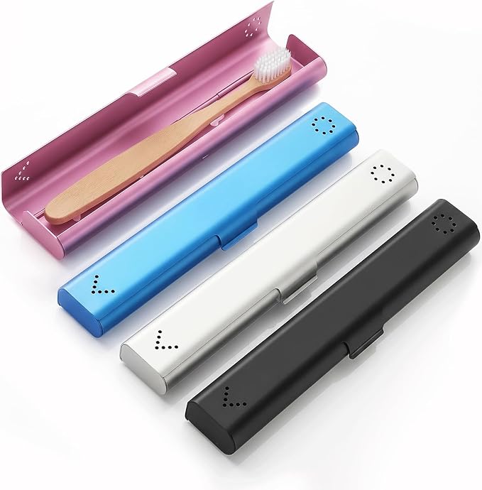 4 Pack Toothbrush Travel Case Aluminum, Portable Toothbrush Holders Travel, Manual Toothbrush Case Container for Traveling, Bathroom, Camping, Business Trip(Black, Silver, Pink, Blue)