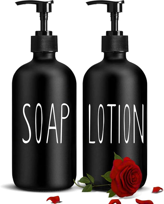 COHOSEGE Glass Soap Dispenser Set 2 Pack,16 Oz Hand Soap Dispenser for Bathroom,Black Kitchen Accessories and Bathroom Decor,Soap and Lotion Dispenser Set for Bathroom