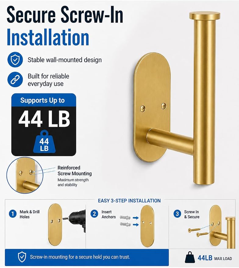 2Pcs Gold Toilet Paper Holder Wall Mount for Bathroom, Heavy-Duty Screw-in Rv Toilet Roll Holder, SUS304 Rustproof Stainless Steel Rust Proof, Suitable for Kitchen Washroom Thicken Morden Matte Black