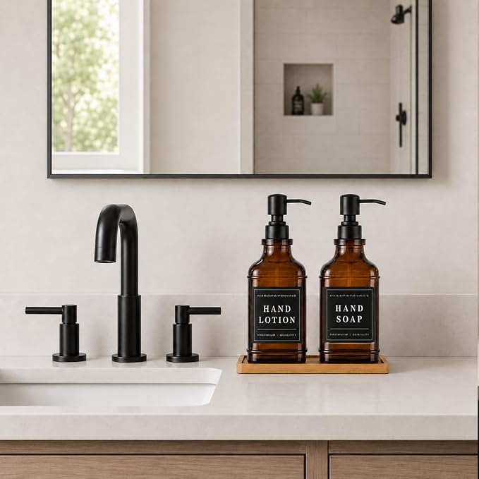 Amber Glass Soap Dispesner Set 2 16.9oz Kitchen Sink Luxury Bathroom Decor | Anti-leak Stainless Steel Pump, Bamboo Tray Silicone Funnel, Refillable Bottles with Waterproof Labels Residue Free