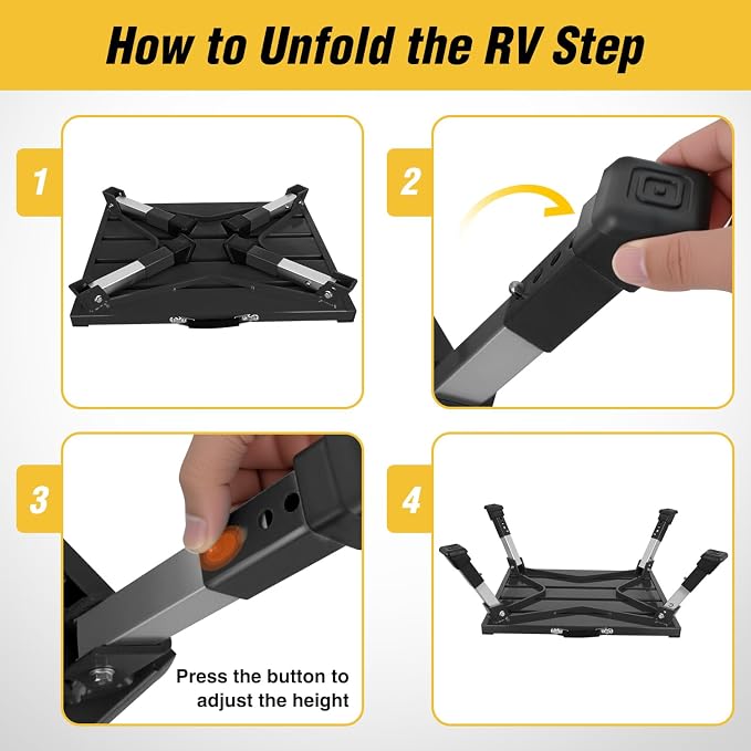 Nilight RV Step Stool Aluminum Folding Platform Steps 19x14.5 RV Steps 4 Levels Adjustable Heavy Duty Step Stool with Anti-Slip Surface Rubber Feet Portable Handle 500lbs for Camper Trailer, Black