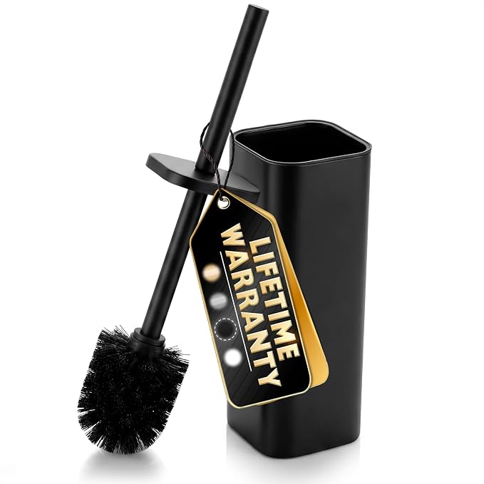 Black Toilet Brush and Holder Set for Modern Bathrooms (Square) | Toilet Bowl Brush and Holder, Removable Inner Bowl, Dense Bristles, Long Handle, Scratch Resistant, Detachable Long Handle