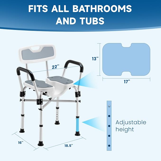 U-Shaped Shower Chair for Inside Shower, Adjustable Chair with Arms & Back | FSA/HSA Eligible, 600lb Capacity, Crossbar Design, Adjustable Height, Tool-Free, Non-Slip Bath Chair for Elderly and Disabled