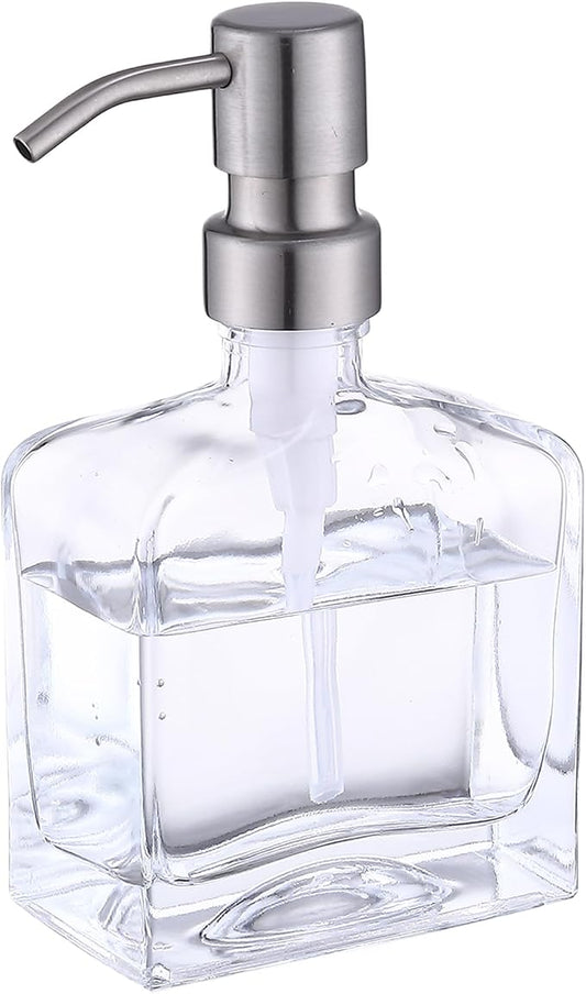 Classic Square Clear Glass Soap Dispenser, Brushed Nickel Pump | 304 Rustproof Stainless Steel Pump ,10oz Clean Glass Bottle ,Bath Kitchen