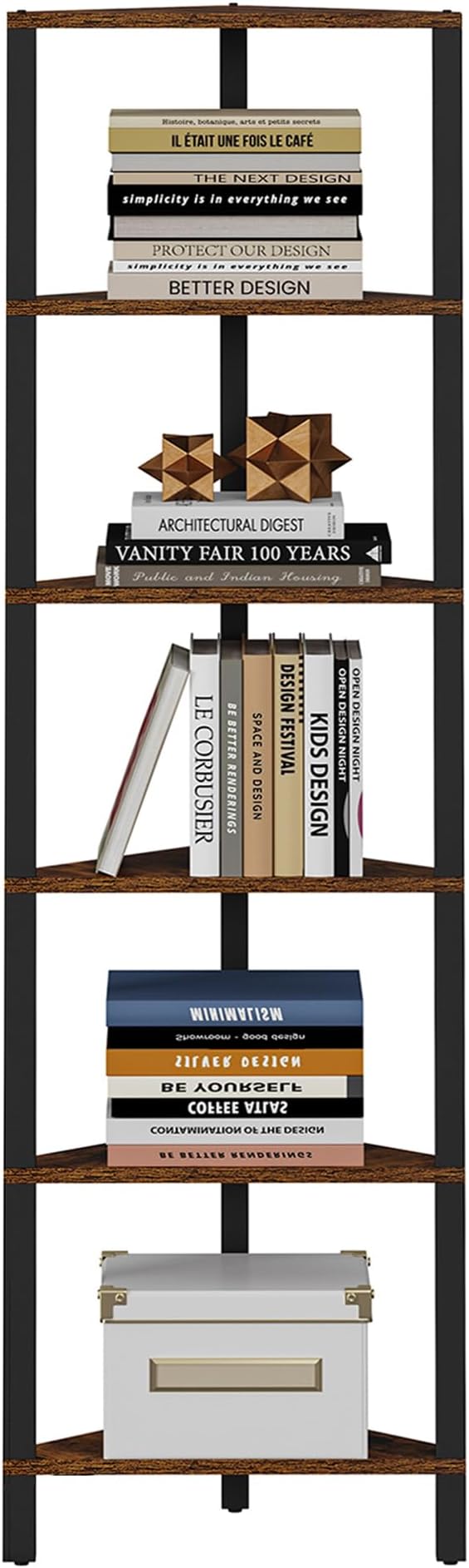 TUTOTAK Corner Shelf, 6-Tier Corner Bookshelf for Small Space | Narrow Display Corner Shelf Stand with Storage Rack, for Living Room, Bedroom, Rustic Brown BS05BB006