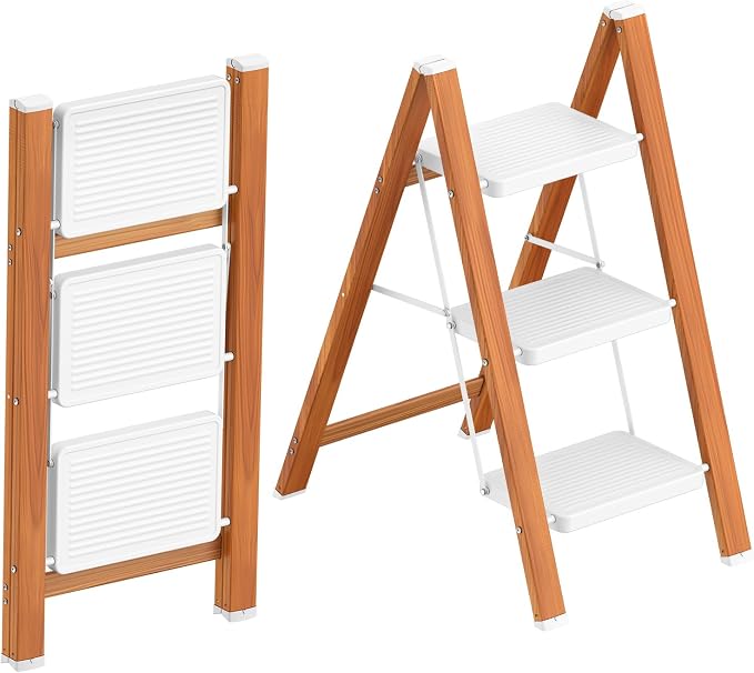 HBTower 3 Step Ladder, Lightweight Aluminum Folding Step Stool | Anti-Slip Wide Pedal, 330lbs Capacity Step Ladder for Household Kitchen Office, WhiteWoodgrain