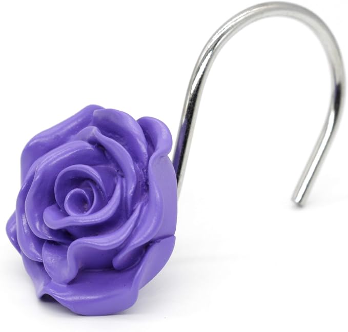 BEAVO Shower Curtain Hooks, Home Decorative Rustproof Shower Curtain Hooks Resin Rose Flower Shower Hooks Rings for Bathroom Shower Rods Curtains,Set of 12 Hooks (Purple) | Purple Flower Shower Curtain Ring - Stainless Steel Shower Ring Hook with Resin...